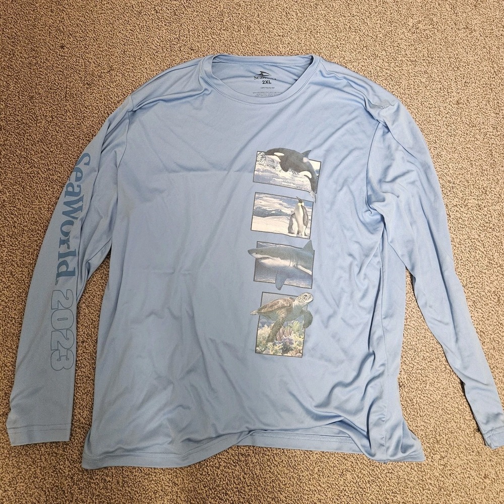 Sea World Shirt Mens‎ 2XL Blue Long-Sleeve Aquatic animals Graphic Design